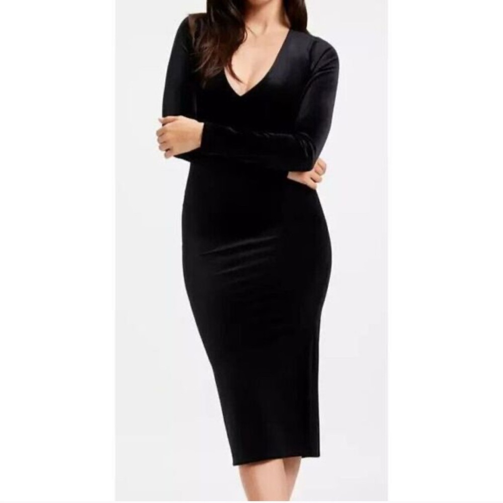Good American Black Velvet Long Sleeve Midi Dress Women’s Size 5 GDK0075 Formal